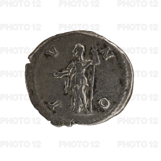 Denarius of Elagabalus (reigned 218–222), 218–223. Obverse: Draped bust of Julia Maesa facing right, legend IVLIA MAESA AVG, pearl border. Reverse: Juno (Juno/Felicitas personification) standing left, holding a patera in her right hand and a sceptre in her left, legend IVNO, pearl border. Roman Empire; coin; diameter 17.5–20.0 mm; weight 3.55 g.