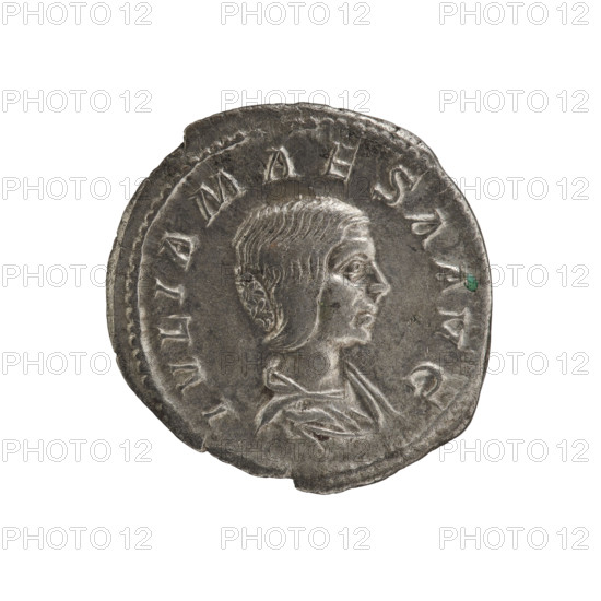 denarius, Elagabalus (204–222; Roman emperor 218–222), Julia Maesa (164–224) — iconography; Fecunditas (personification). Fecunditas standing with a cornucopia and a child beside her. Obv.: IVLIA MAESA AVG — draped bust of Julia Maesa facing right, pearl border. Rev.: FECVNDITAS AVG — Fecunditas standing left, holding a cornucopia in her left hand, stretching her right hand above the head of a child standing at her feet, pearl border. 218–223. Roman Empire (27 BC–476), Rome. Coin; diameter 18.5–19.0 mm, weight 2.80 g.