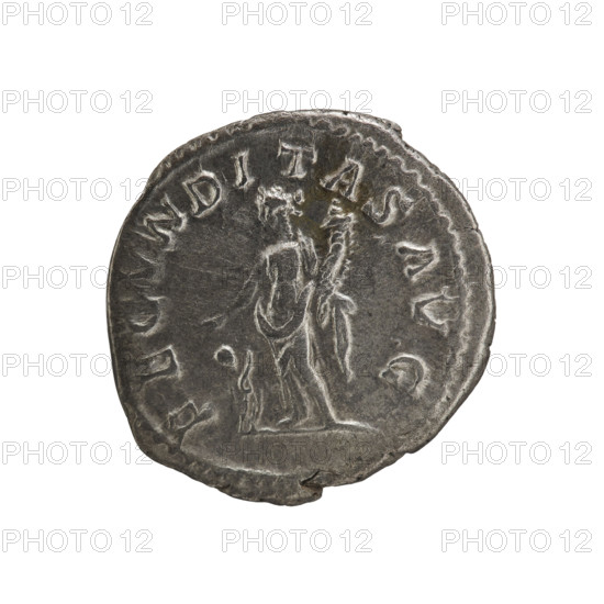 Denarius, Elagabalus (204–222; Roman emperor 218–222). Julia Maesa (164–224) — iconography. Fecunditas (personification). Fecunditas standing with a cornucopia and a child beside her. Obv.: IVLIA MAESA AVG — draped bust of Julia Maesa facing right, pearl border. Rev.: FECVNDITAS AVG — Fecunditas standing left, holding a cornucopia in her left hand, stretching her right hand above the head of a child standing at her feet, pearl border. 218–223. Roman Empire (27 BC–476), Rome. Coin. Diameter 18.5–19.0 mm; weight 2.80 g.