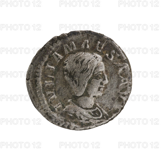 Denarius, Julia Maesa (ca. 160–224; Augusta 218–224), Roman Empire. Obverse: Draped bust of Julia Maesa facing right, pearl border, inscription IVLIA MAESA AVG. Reverse: Fecunditas standing left, holding a cornucopia in her left hand and stretching her right hand above the head of a child standing at her feet, pearl border, inscription FECVNDITAS AVG. Date: 218–223. Coin. Diameter: 18.0–19.5 mm. Weight: 2.65 g.