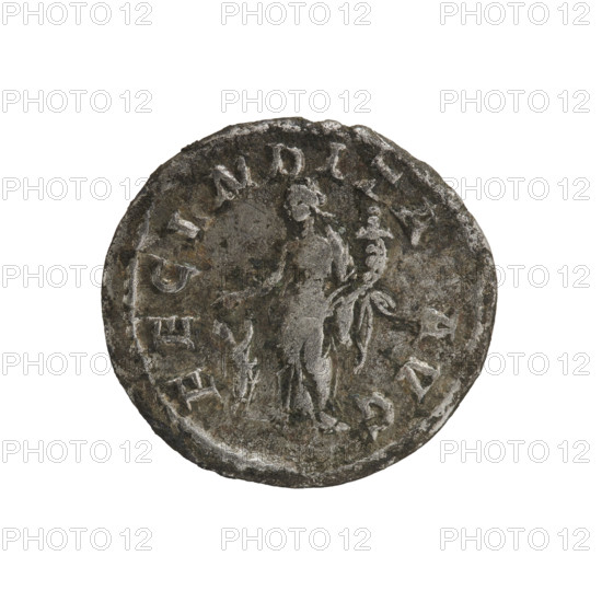denarius, Julia Maesa (ca. 160–224; Augusta 218–224), Roman Empire. Obverse: Draped bust of Julia Maesa facing right, pearl border, inscription 'IVLIA MAESA AVG'. Reverse: Fecunditas standing left, holding a cornucopia in her left hand and stretching her right hand above the head of a child standing at her feet, pearl border, inscription 'FECVNDITAS AVG'. 218–223. Coin. Diameter: 18.0–19.5 mm; weight: 2.65 g.
