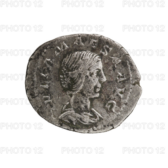 Denarius, Elagabalus (reign 218–222). Obverse: IVLIAMAESAAVG — Draped bust of Julia Maesa facing right, pearl border. Reverse: PIETA SAVG — Pietas stands upright, head turned left, right hand extended above an altar at her feet, left hand holding a ciborium, pearl border. Date: 218–223. Roman Empire (27 BC–476). Rome. Coin. Diameter: 17.5–20.5 mm. Weight: 2.85 g.