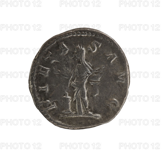 Denarius of Elagabalus (reign 218–222). Obverse: IVLIAMAESAAVG — draped bust of Julia Maesa facing right, pearl border. Reverse: PIETA SAVG — Pietas stands upright, head turned left, right hand extended above an altar at her feet, left hand holding a ciborium, pearl border. Date: 218–223. Roman Empire (27 BC–476). Coin: diameter 18.0 mm, weight 2.85 g.