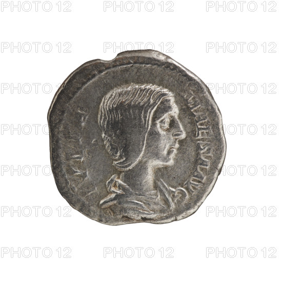 Denarius, Elagabalus (reigned 218–222), Julia Maesa (ca. 160–224; Augusta 218–224). Obverse: Draped bust of Julia Maesa facing right, pearl rim; inscription 'IVLIA MAESA AVG'. Reverse: Pietas standing left, holding a patera above an altar at left and an incense box; inscription 'PIETAS AVG', rim pearl. Roman Empire, 218–223. Coin (Rome), diameter ~18.5–19.0 mm, weight 2.68 g.