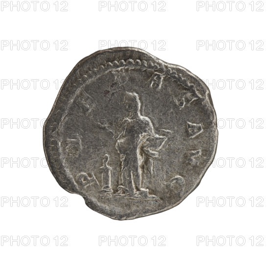 Denarius, Elagabalus (204–222; Roman emperor 218–222), Julia Maesa (ca. 160–224; Augusta 218–224). Obverse: IVLIA MAESA AVG — draped bust of Julia Maesa facing right, pearl rim. Reverse: PIETAS AVG — Pietas standing left, holding a patera above an altar at left and an incense box, rim pearl. Iconography: Pietas (personification). Roman Empire, 218–223. Coin. Diameter 18.5–19.0 mm; weight 2.68 g.
