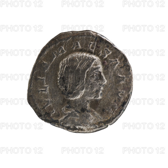 Denarius, Elagabalus (204–222; Roman emperor 218–222); Julia Maesa (ca. 160–224; Augusta 218–224). Obverse: Draped bust of Julia Maesa facing right, pearl rim, inscription 'IVLIA MAESA AVG'. Reverse: Pietas standing left, holding a patera over an altar at left and an incense box, inscription 'PIETAS AVG', rim pearl. Roman Empire, 218–223. Coin: diameter 18.0 mm, weight 2.05 g.