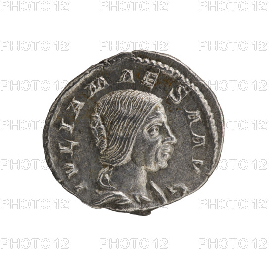 Denarius, Julia Maesa (ca. 160–224; Augusta 218–224). Obverse: Draped bust of Julia Maesa facing right, pearl border, inscription IVLIA MAESA AVG. Reverse: Veiled Pudicitia seated on a throne facing left, raising the hem of her veil with her right hand and holding a scepter in her left, pearl border, inscription PVDICITIA. Roman Empire, 218–223. Coin. Diameter: 17.0–19.5 mm. Weight: 3.20 g.