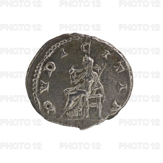 Denarius, Julia Maesa (ca. 160–224; Augusta 218–224). Obverse: Draped bust of Julia Maesa facing right, pearl border, inscription IVLIA MAESA AVG. Reverse: Veiled Pudicitia seated on a throne facing left, raising the hem of her veil with her right hand and holding a scepter in her left, pearl border, inscription PVDICITIA. Roman Empire, 218–223. Coin; diameters 17.0 mm and 19.5 mm, weight 3.20 g.