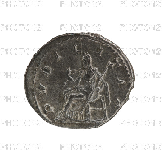 Denarius, Elagabalus (reigned 218–222). Obverse: IVLIAMAESAAVG — draped bust of Julia Maesa facing right, pearl border. Reverse: PVDICITIA — veiled Pudicitia seated on a throne facing left, raising the hem of her veil with her right hand and holding a scepter in her left, pearl border. Date: c. 218–223 CE. Roman Empire. Rome. Coin. Diameter: 18.5–20.0 mm. Weight: 2.60 g.