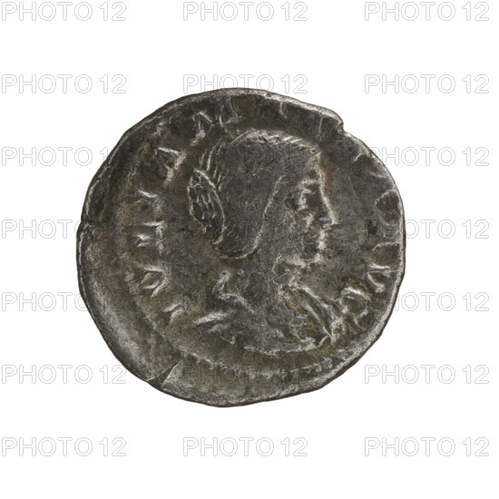 Denarius, Elagabalus (204–222; Roman emperor 218–222). Obverse: IVLIAMAESAAVG — Draped bust of Julia Maesa facing right, pearl border. Reverse: PVDICITIA — Veiled Pudicitia seated on a throne facing left, raising the hem of her veil with her right hand, holding a scepter in her left, pearl border. Date: 218–223. Roman Empire (27 BC–476). Rome. Coin; diameter 19.0–19.5 mm; weight 3.10 g.