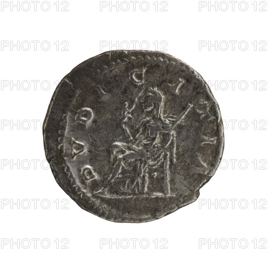 Denarius, Elagabalus (204–222; Roman emperor 218–222). Obv.: IVLIAMAESAAVG — Draped bust of Julia Maesa facing right, pearl border. Rev.: PVDICITIA — Veiled Pudicitia sitting on a throne facing left, raising the hem of her veil with her right hand, holding a scepter in her left, pearl border. Date: 218–223. Roman Empire (27 BC–476). Rome. Coin. Diameter: 19.0–19.5 mm. Weight: 3.10 g.
