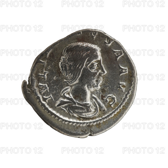 Denarius, Elagabalus (204–222; Roman emperor 218–222). Obverse: IVLIA, ESAAVG — Draped bust of Julia Maesa facing right, pearl border. Reverse: PVDI, TIA — Veiled Pudicitia seated on a throne facing left, raising the hem of her veil with her right hand and holding a scepter in her left, pearl border. Date: 218–223. Roman Empire (27 BC–476). Coin. Diameter: 18.0–19.0 mm. Weight: 2.85 g.