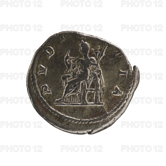 Denarius, Elagabalus (204–222; Roman emperor 218–222). Obverse: IVLIA, ESAAVG — Draped bust of Julia Maesa facing right, pearl border. Reverse: PVDI, TIA — Veiled Pudicitia seated on a throne facing left, raising the hem of her veil with her right hand, holding a scepter in her left, pearl border. 218–223 CE, Roman Empire (27 BC–476). Rome. Coin. Diameter 18.0–19.0 mm; weight 2.85 g.