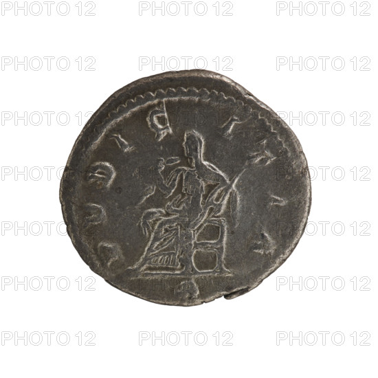 Denarius, Elagabalus (reigned 218–222). Obverse: IVLIAMAESAAVG — draped bust of Julia Maesa facing right, pearl border. Reverse: PVDICITIA (with letter Pi in the field) — Pudicitia veiled, seated on a throne facing left, raising the hem of her veil with her right hand and holding a scepter in her left, pearl border. Date: 218–223. Roman Empire (27 BC–476). Rome. Coin. Diameter: 18.5–19.0 mm. Weight: 2.80 g.
