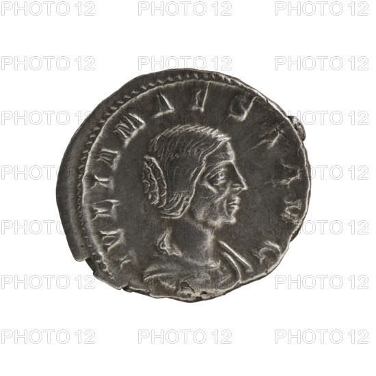 Denarius, Elagabalus (204–222; Roman emperor 218–222). Obverse: IVLIAMAESAAVG — Draped bust of Julia Maesa facing right, pearl rim. Reverse: PVDICITIA — Veiled Pudicitia seated on a throne facing left, raising the hem of her veil with her right hand and holding a scepter in her left, pearl rim. Date: 218–223. Roman Empire (27 BC–476). Rome. Coin; diam. 18.0–19.5 mm; weight 3.10 g.