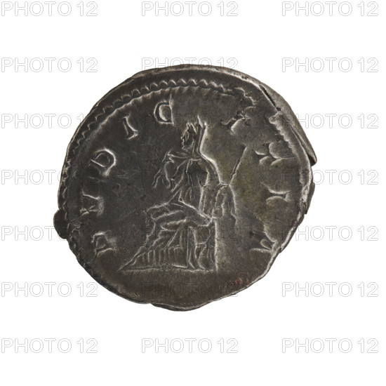Denarius of Elagabalus (reign 218–222). Obverse: IVLIAMAESAAVG — draped bust of Julia Maesa facing right, pearl rim. Reverse: PVDICITIA — veiled Pudicitia seated on a throne facing left, raising the hem of her veil with her right hand and holding a scepter in her left, pearl rim. Date: 218–223. Roman Empire. Rome. Coin; diameters 18.0–19.5 mm; weight 3.10 g.