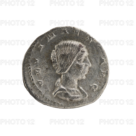 Denarius, Julia Maesa (ca. 160–224; Augusta 218–224). Obverse: Draped bust of Julia Maesa facing right, pearl border, inscription IVLIA MAESA AVG. Reverse: Veiled Pudicitia seated on a throne facing left, raising the hem of her veil with her right hand and holding a scepter in her left, pearl border, inscription PVDICITIA. Roman Empire, 218–223. Coin; diameters 17.5–18.5 mm, weight 2.72 g.