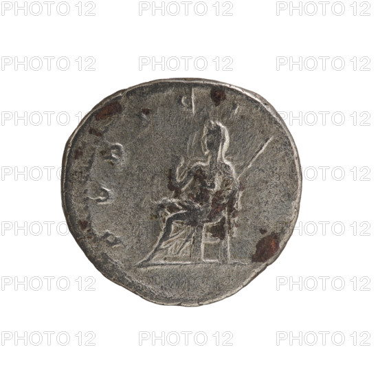 Denarius of Julia Maesa (ca. 160–224; Augusta 218–224), Roman Empire, ca. 218–223. Obverse: Draped bust of Julia Maesa facing right, pearl border, inscription IVLIA MAESA AVG. Reverse: Veiled Pudicitia seated on a throne facing left, raising the hem of her veil with her right hand and holding a scepter in her left, pearl border, inscription PVDICITIA. Coin; diameter ~17.5–18.5 mm; weight 2.72 g.