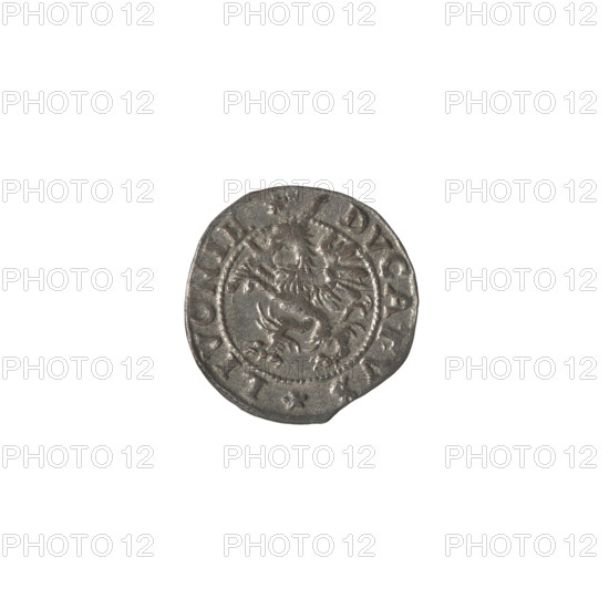 Livonian szelag; maker: Jan Hieronimowicz Chodkiewicz (ca. 1537–1579; administrator of Livonia); rulers referenced: Sigismund II Augustus (king of Poland; 1544–1572), (interregnum); publishers: Walentyn Iberfeld (fl. 1572–1573) and Jakub Hincza (fl. 1572–1573); coat of arms: Gryf z Mieczem (griffin with raised sword) — Inflanty; heraldic motif: griffins; dynasty: Jagiellons; inscriptions; Polish coin; obverse: griffin with raised sword turned left, separating rim inscription: DVCATVS.LIVONIE; reverse: below the value number I, inscription SCHIL/LING below the year .7Z., rim inscription MONE.NOVA.ARGENTE; date: 1572; place: Inflanty, Poland; denomination: szelag (coin).