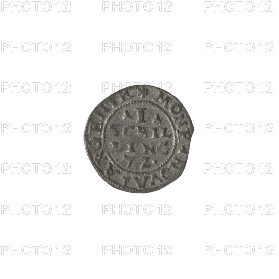 Livonian szelag; issuer: Chodkiewicz, Jan Hieronimowicz (ca. 1537–1579), administrator of Livonia; ruler: Sigismund II Augustus (king of Poland; 1544–1572), interregnum; publishers: Iberfeld, Walentyn (fl. 1572–1573) and Hincza, Jakub (fl. 1572–1573). Bronze/metal coin, 1572. Obverse: griffin with raised sword turned left, separating rim inscription DVCATVS.LIVONIE; value number I below; inscription SCHIL/LING and date fragment .7Z.; reverse rim inscription MONE.NOVA.ARGENTE. Heraldic device: Gryf z Mieczem (griffin with sword). Style: Polish–Livonian coinage (Jagiellon period); inscriptions in Latin and Polish.