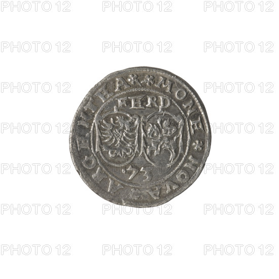 Livonian ferding; maker: Jan Hieronimowicz Chodkiewicz (ca.1537–1579), administrator of Livonia; associated rulers: Sigismund II Augustus (king of Poland; r.1544–1572), (interregnum). Publishers: Jakub Hincza (fl.1572–1573), Walentyn Iberfeld (fl.1572–1573). Date: 1573. Obverse: Below the inscription 'FERD' two coat-of-arms escutcheons with the Eagle and Pogon; below the year: .73; rim inscription: .MONE.NOVA.ARGENTEA. Reverse: a griffin with a raised sword turned to the left, separating the rim inscription: . - DVCATVS..LIVONIAE. Motifs: Gryf with Sword (coat of arms; Inflanty), griffins, Jagiellons (dynasty), Polish coins, inscriptions, coats of arms, Eagle (coat of arms), Pogon (coat of arms). Place: Inflanty (Livonia), Poland. Type: coin (ferding).
