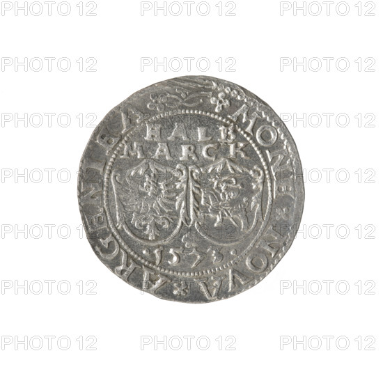 Livonian half-mark (half-fine), Sigismund II Augustus (king of Poland; 1544–1572) (interregnum). Issued under Jan Hieronimowicz Chodkiewicz (ca.1537–1579), administrator of Livonia; publishers Walentyn Iberfeld and Jakub Hincza (fl.1572–1573). Silver coin (HALB/MARCK). Obverse: below the inscription HALB/MARCK two escutcheons with the Eagle and Pogon; below the year: .1573; rim inscription: .MONE.NOVA.ARGENTEA. Reverse: a griffin with a raised sword turned to the left, separating the rim inscription: .-DVCATVS.LIVONIAE. 1573. Features coats of arms (Gryf z mieczem), gryphons, Jagiellon dynasty motifs, inscriptions and escutcheons.