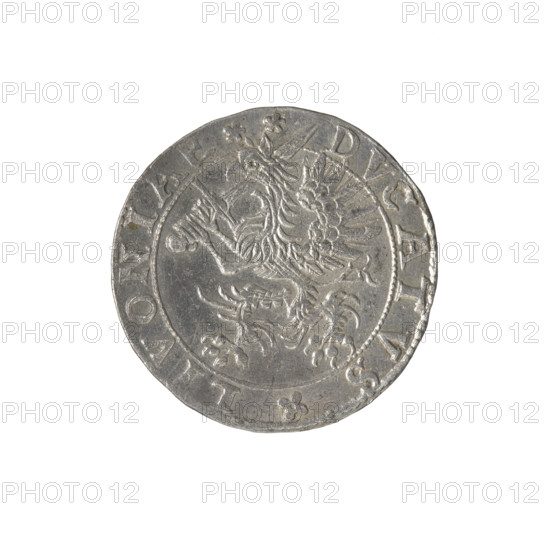 Livonian half-mark (half-fine), Sigismund II Augustus (king of Poland; 1544–1572), (interregnum), Jan Hieronimowicz Chodkiewicz (ca.1537–1579), (administrator of Livonia), Walentyn Iberfeld (fl.1572–1573), publisher, Jakub Hincza (fl.1572–1573), publisher; Gryf z mieczem (coat of arms; Inflanty); gryphons; coats of arms; Jagiellon (dynasty); Polish coin. Obverse: below the inscription HALB/MARCK, two escutcheons with the Eagle and Pogon; below the year: .1573; in the rim an inscription: .MONE.NOVA.ARGENTEA. Reverse: a griffin with a raised sword turned to the left, separating the rim inscription: .- DVCATVS.LIVONIAE, 1573; Inflanty, Poland.
