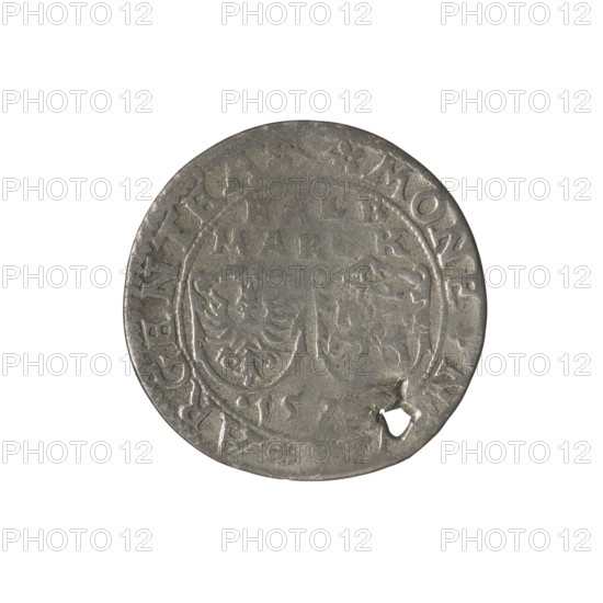 Livonian half-mark (half-fine), ca. 1573. Obverse: inscription 'HALB/MARCK' above two heraldic shields with the Eagle and Pogon, below the year '.15' (fragmentary), rim inscription '.MONE.N.ARGENTEA'. Reverse: a griffin with a raised sword turned to the left, separating the rim inscription '. - DVCA, LIVONIA, 1573'. Associated names/figures linked to the coin: Jan Hieronimowicz Chodkiewicz (administrator of Livonia, ca. 1537–1579); Sigismund II Augustus (king of Poland, 1544–1572; interregnum); publishers Hincza Jakub and Iberfeld Walentyn (fl. 1572–1573). Heraldry: Pilawa (coat of arms), Gryf z mieczem (coat of arms; Inflanty), coats of arms, griffins, Jagiellons (dynasty). Type: Polish coin; material: silver (argent).