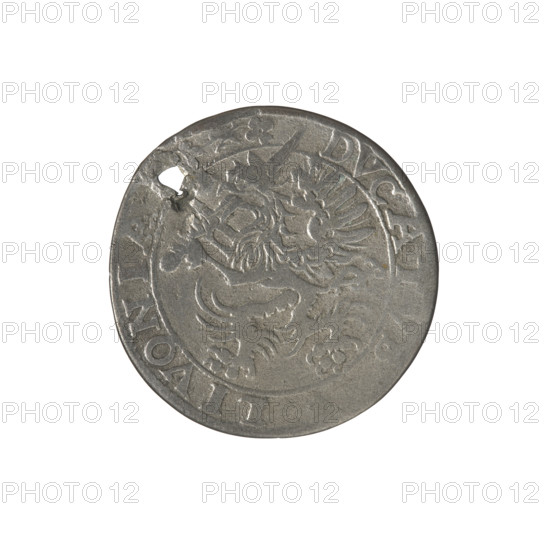 Livonian half-mark (half-fine), ca. 1573. Obverse: inscription 'HALB/MARCK', two heraldic shields with the Eagle and Pogon, below the year '.15'. Rim inscription: '.MONE.N.ARGENTEA'. Reverse: a griffin with a raised sword turned to the left, separating the rim inscription '.- DVCA, LIVONIA, 1573'. Attributes: Pilawa and Gryf z mieczem coats of arms, griffins, Jagiellon dynasty, Polish coin; maker/publishers noted historically: Hincza Jakub and Iberfeld Walentyn; associated persons: Jan Hieronimowicz Chodkiewicz (ca. 1537–1579), Sigismund II Augustus (king of Poland, 1544–1572).