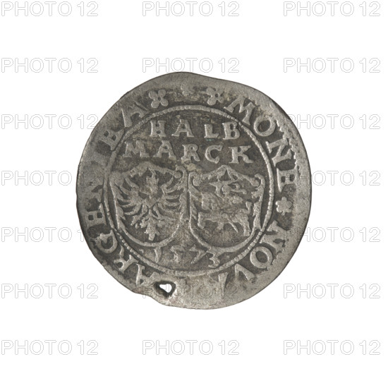 Livonian half-mark (half-fine), Chodkiewicz, Jan Hieronimowicz (ca. 1537–1579), administrator of Livonia; Sigismund II Augustus (king of Poland; 1544–1572), (interregnum); Hincza, Jakub (fl. 1572–1573), publisher; Iberfeld, Walentyn (fl. 1572–1573), publisher. Silver coin (1573) with inscriptions and coats of arms: obverse below inscription HALB/MARCK two escutcheons with the Eagle and Pogon, below the year .1573., rim inscription .MONE.NOV, ARGENTEA. Reverse: a griffin with a raised sword turned to the left, separating the rim inscription .- DVCATVS, LIVONIAE, 1573. Features Gryf z mieczem (coat of arms; Inflanty), gryphons, Jagiellons (dynasty), Pogon, Eagle; mint/place: Inflanty (Kirchholm/Dahlholm).
