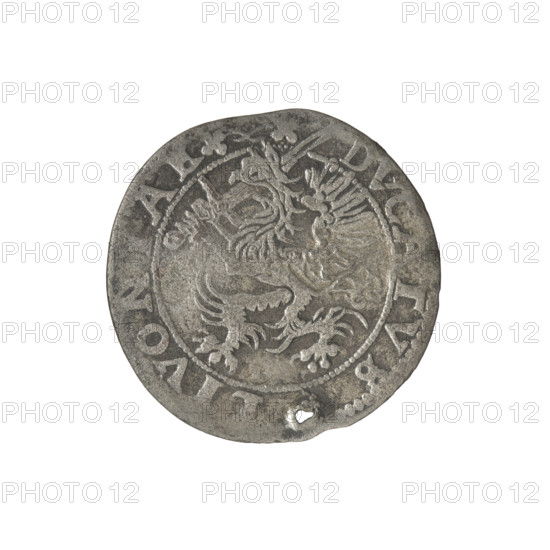 Livonian half-mark (half-fine), minted 1573. Obverse: inscription 'HALB/MARCK' with two escutcheons showing the Eagle and Pogon, below the year '.1573.' Rim inscription '.MONE.NOV, ARGENTEA'. Reverse: griffin with raised sword turned left separating the rim inscription '. - DVCATVS, LIVONIAE, 1573'. Associated names: Chodkiewicz, Jan Hieronimowicz (ca. 1537–1579; administrator of Livonia); Sigismund II Augustus (king of Poland; 1544–1572; interregnum); publishers Hincza, Jakub (fl. 1572–1573) and Iberfeld, Walentyn (fl. 1572–1573). Heraldry: Gryf z mieczem (griffin with sword), coats of arms, escutcheons, Pogon, Eagle; style: Polish coin; place: Livonia (Inflanty, Kirchholm/Dahlholm).