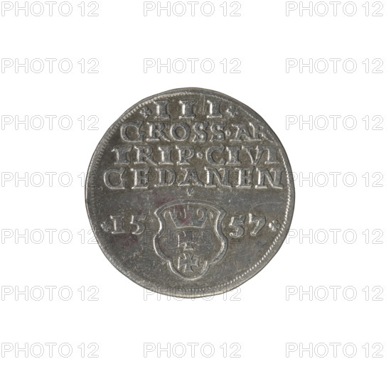 Gdansk trojak, Sigismund II Augustus (King of Poland; 1544–1572), Jagiellonian dynasty; royal bust; Gdansk coat of arms; Polish coin iconography; inscriptions; male bust; city coat of arms. Obverse: Crowned male bust in profile turned right, rim inscription divided at the top, terminating in a lily: SIGIS.AVG.REX.PO.D.PRVS. Reverse: Below the numeral of value: .III. inscription: GROSS.AR/TRIP.CIVI/GEDANEN; below the year: .15-57. separated by a shield with the coat of arms of Gdansk. 1557; Poland, Gdansk; coin.