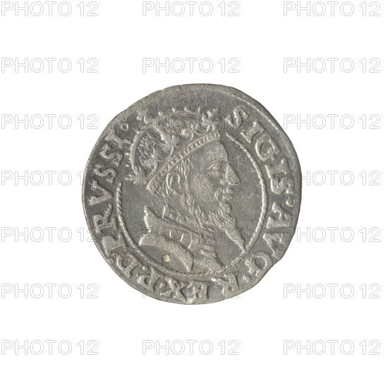 Gdansk grosz, Sigismund II Augustus (King of Poland; 1544–1572). Obv.: Crowned male bust in profile turned to the right; in the rim between pearl borders an inscription divided at the top: SIGIS.AVG.REX.P:D:PRVSI. Rev.: Coat of arms of Gdansk; in the rim between pearl borders an inscription: .GROSSVS:CIVI.GEDANEN.1.5.5.7. Date: 1557. Poland, Gdansk. Subjects/themes: royal bust, city coat of arms; Polish coin; iconography of Sigismund II Augustus.