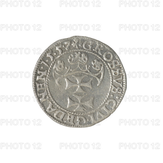 Gdansk grosz, Sigismund II Augustus (King of Poland; 1544–1572). Obverse: Crowned male bust in profile turned to the right; rim between pearl borders with inscription divided at the top: SIGIS.AVG.REX.P:D:PRVSI. Reverse: Coat of arms of Gdansk; rim between pearl borders with inscription: .GROSSVS:CIVI.GEDANEN.1.5.5.7. 1557. Polish coin, Gdansk.