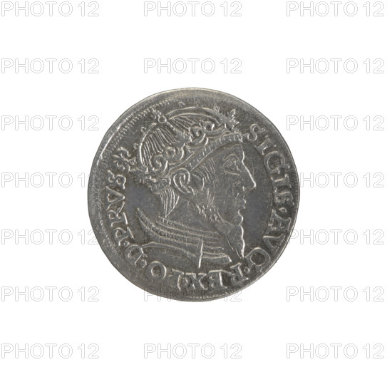 Gdansk trojak, Sigismund II Augustus (King of Poland; 1520–1572), Jagiellonian dynasty; silver coin (trojak), 1557. Obverse: crowned male bust (royal bust) in profile turned right, rim inscription divided at the top terminating in a lily: SIGIS.AVG.REX.PO.D.PRVS. Reverse: below the denomination .III. an inscription: GROSS.AR/TRIP.CIVI/GEDANEN; below the year .15-57. separated by a shield with the coat of arms of Gdansk. Male bust iconography; city coat of arms; Polish coin.