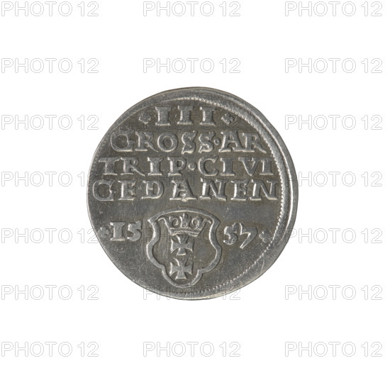 Gdansk trojak, Sigismund II Augustus (King of Poland; 1544–1572), Jagiellonians (dynasty); royal bust; Gdansk (coat of arms); Polish coin; city coat of arms; male bust; Sigismund II Augustus (1520–1572) — iconography; inscriptions. Obv.: Crowned male bust in profile turned right; in the rim an inscription divided at the top, terminating in a lily: SIGIS.AVG.REX.PO.D.PRVS. Rev.: Below the number of values: .III.; inscription: GROSS.AR/TRIP.CIVI/GEDANEN; below the year: .15-57. separated by a shield with the coat of arms of Gdansk. 1557, Poland, Gdansk; coin.