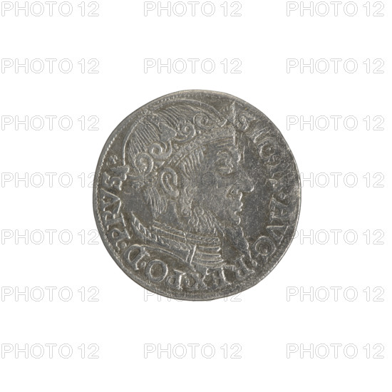 Gdansk trojak, Sigismund II Augustus (King of Poland; 1544–1572), Jagiellonians (dynasty). Silver coin (trojak), 1557. Obverse: crowned male bust in profile turned right with rim inscription SIGIS.AVG.REX.PO.D.PRVS. Reverse: below value number .III. inscription GROSS.AR/TRIP.CIVI/GEDANEN, year and mint mark flanked by lilies .15 - 57./. separated by a shield with the coat of arms of Gdansk. Poland, Gdansk.