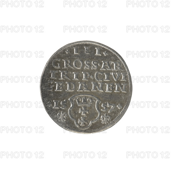 Gdansk trojak, Sigismund II Augustus (King of Poland, 1544–1572), Jagiellonian dynasty. Silver coin (trojak), 1557, Gdansk, Poland. Obverse: Crowned male bust in profile turned right; rim inscription SIGIS.AVG.REX.PO.D.PRVS. Reverse: Below value number .III. inscription GROSS.AR/TRIP.CIVI/GEDANEN; year and mint mark flanked by lilies; shield with coat of arms of Gdansk; separated numbers .15 - 57./.