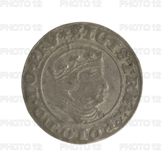 Gdansk grosz, Sigismund I the Old (King of Poland; 1506–1548). Polish coin, Jagiellon dynasty. Obverse: Crowned male bust in profile facing right; in rim between pearl-shaped borders an inscription: .SIGIS.I.REX.POLO.DO.TO.PRV. Reverse: Coat of arms of Gdansk; in rim between pearl-shaped borders an inscription: .GROSSVS.CIVI.GEDANEN.1540. Dated 1540. Poland, Gdansk.
