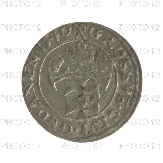 Gdansk grosz, Sigismund I the Old (King of Poland; 1506–1548). Silver coin, 1540. Obverse: Crowned male bust in profile turned to the right; in the rim between pearl-shaped borders an inscription: .SIGIS.I.REX.POLO.DO.TO.PRV. Reverse: Coat of arms of Gdansk; in the rim between pearl-shaped borders an inscription: .GROSSVS.CIVI.GEDANEN.1540. Iconography: royal busts, city coat of arms.