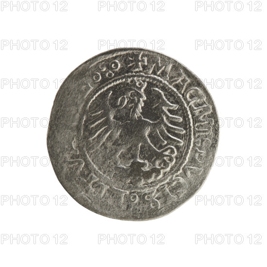 Lithuanian half-grosz, Sigismund I the Old (king of Poland; 1506–1548). Obverse: Pogon (Lithuanian coat of arms) turned left; in the rim between pearly borders an inscription: + A:SIGISMVNDI:15ZZ. Reverse: Polish crowned eagle; in the rim between pearly borders an inscription: + MAGNI, DVCIS:LITV, .:., 1522. Material: coin. Origin: Grand Duchy of Lithuania / Poland; minted in Vilnius.