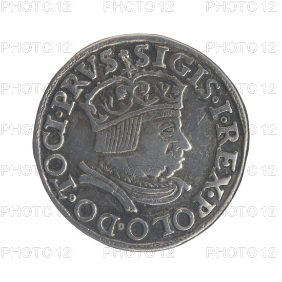 Gdansk trojak, Sigismund I the Old (King of Poland; 1506–1548). Polish coin (trojak), Gdansk, 1536. Obverse: Crowned male bust in profile turned right, inscription around the rim: .SIGIS.I.REX.POLO.DO.TOCI.PRVS. Reverse: Inscription in five lines around the rim, date separated by a shield with the coat of arms of Gdansk: .III./.GROSS:AR:/TRIP:CIVI:/DANNCZK/.15 - 36. Depicts Sigismund I the Old, Gdansk coat of arms, male royal bust, Jagiellonian iconography. Materials: coin (metal).