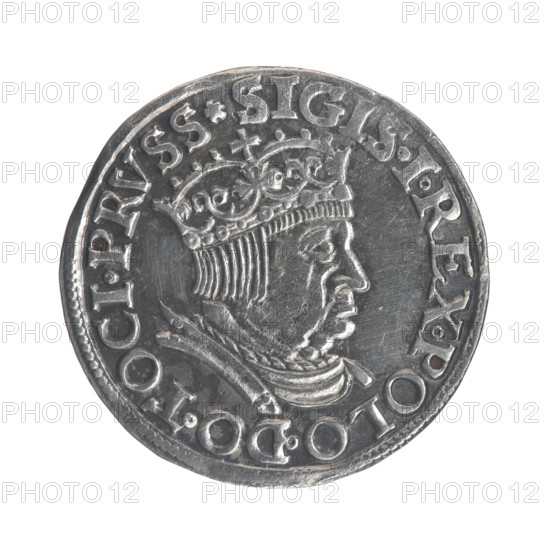 Gdansk trojak, Sigismund I the Old (King of Poland; 1506–1548). Obverse: Crowned male bust in profile turned to the right, inscription around the rim: .SIGIS.I.REX.POLO.DO.TOCI.PRVSS. Reverse: Inscription in five lines around the rim, date separated by a shield with the coat of arms of Gdansk: .III./.GROSS:AR./TRIP:CIVI:/DANNCZK/.15 - 36. 1536. Silver coin; iconography: male busts, royal bust (iconographic), city coat of arms; Jagiellonian dynasty; Gdansk, Poland.