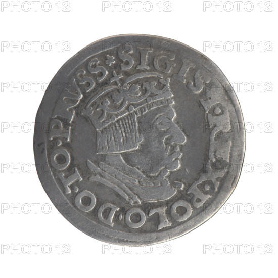 Gdansk trojak, Sigismund I the Old (King of Poland; 1506–1548), iconography: Polish coin, male bust, Gdansk coat of arms, Jagiellonian dynasty, royal bust (iconographic), city coats of arms. Obverse: Crowned male bust in profile turned right; inscription around rim: .SIGIS.I.REX.POLO.DO.TO.PRVSS. Reverse: Inscription in five lines around rim, date separated by a shield with the coat of arms of Gdansk: .III./.GROS:AR/TRIP:CIVI:/DANNCZK/.15 - 37. Date: 1537. Place: Gdansk, Poland. Function: coin.