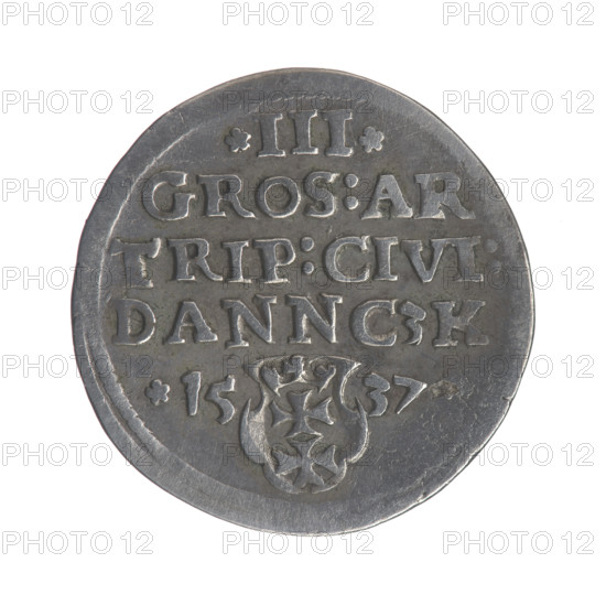 Gdansk trojak, Sigismund I the Old (King of Poland; 1506–1548), iconography: Polish coin, male bust, Gdansk coat of arms, Jagiellonian dynasty, royal bust (iconographic), city coats of arms. Obv.: Crowned male bust in profile turned right, inscription around the rim: .SIGIS.I.REX.POLO.DO.TO.PRVSS. Rev.: Inscription in five lines around the rim, date separated by a shield with the coat of arms of Gdansk: .III./.GROS:AR/TRIP:CIVI:/DANNCZK/.15 - 37. Date: 1537. Place: Gdansk, Poland. Object: coin.