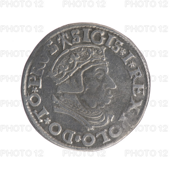 Gdansk troika, Sigismund I the Old (King of Poland; 1506–1548), iconography, Kazimierz Sobanski, Polish coins, male busts, Gdansk (Pomeranian Voivodeship), Gdansk (coat of arms), Jagiellonians (dynasty), royal bust (iconographic), city coats of arms. Obv.: Crowned male bust in profile turned to the right, inscription in the rim: .SIGIS.I.REX, OLO.DO.TO.P. Rev.: Inscription in five lines in the rim, date separated by a shield with Gdansk coat of arms: .III./GROSS:AR/TRIP:CIVI:/GEDANEN/.15 - 37. Date: 1537. Place: Gdansk, Poland. Object: coin.