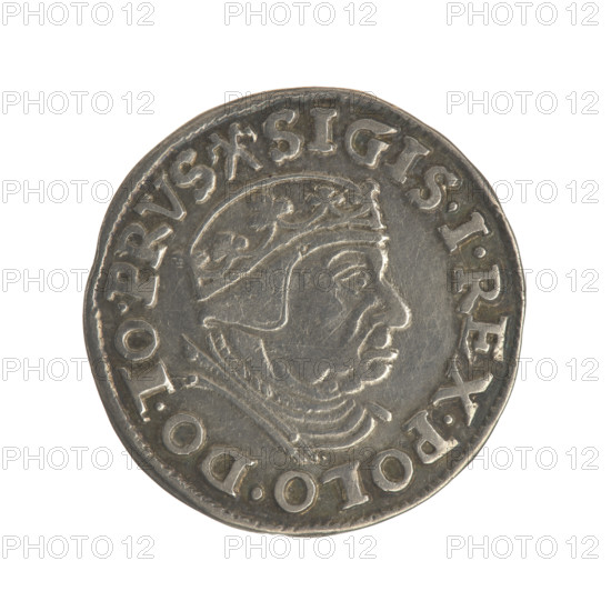 Gdansk trojak, Sigismund I the Old (King of Poland; 1506–1548), iconography by Kazimierz Sobanski (1859–1909), Polish coin; obverse: crowned male bust in profile turned to the right, inscription around the rim: .SIGIS.I.REX.POLO.DO.TO.PRVS; reverse: inscription in five lines around the rim, date separated by a shield with the coat of arms of Gdansk: .III./GROSS.AR/TRIP.CIVI./GEDANEN/.15 - 38., 1538. Subject: royal bust; materials/style: coin; place: Gdansk, Poland; dynasty: Jagiellonians; motifs: city coat of arms.