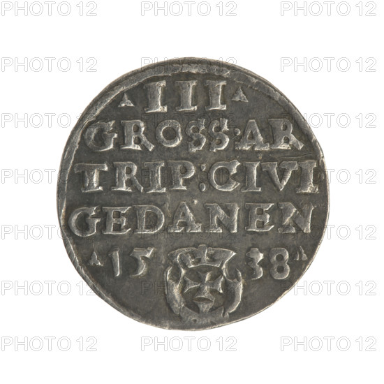 Gdansk troika, Sigismund I the Old (King of Poland; 1506–1548), iconography, Polish coin, male busts, Gdansk (Pomeranian Voivodeship), Gdansk coat of arms, Jagiellonian dynasty, city coats of arms, royal bust. Obverse: Crowned male bust in profile turned to the right, inscription around the rim: .SIGIS.I.REX.POLO.DO.TO.PRVS. Reverse: Inscription in five lines around the rim, date separated by a shield with the coat of arms of Gdansk: .III./GROSS.AR/TRIP:CIVI/GEDANEN:/.15 - 38. Date: 1538. Place: Poland, Gdansk. Type: coin (troika).