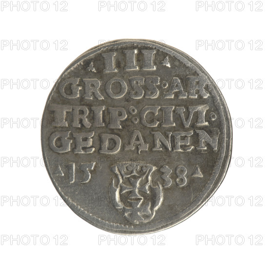 Gdansk trojak, Sigismund I the Old (King of Poland; 1506–1548). Polish coin (1538). Obverse: Crowned royal bust in profile turned right, inscription around the rim: .SIGIS.I.REX.POLO.DO.TO.PRVS. Reverse: Inscription in five lines around the rim, date separated by a shield with the coat of arms of Gdansk: .III./GROSS.AR/TRIP:CIVI./GEDANEN/.15 - 38. Materials: coin; place: Gdansk, Poland. Subjects/styles: royal bust, male busts, city coat of arms; Jagiellonian dynasty.