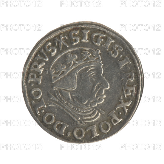 Gdansk trojak, Sigismund I the Old (King of Poland; 1506–1548), iconography, male busts, Gdansk (Pomeranian Voivodeship), Gdansk (coat of arms), Jagiellonians (dynasty), city coats of arms, royal bust. Obv.: Crowned male bust in profile turned to the right, inscription around the rim: .SIGIS.I.REX.POLO.DO.TO.PRVS. Rev.: Inscription in five lines around the rim, date separated by a shield with the coat of arms of Gdansk: .III./GROSS.AR/TRIP:CIVI./GEDANEN/.15 - 38. 1538. Poland, Gdansk, coin.